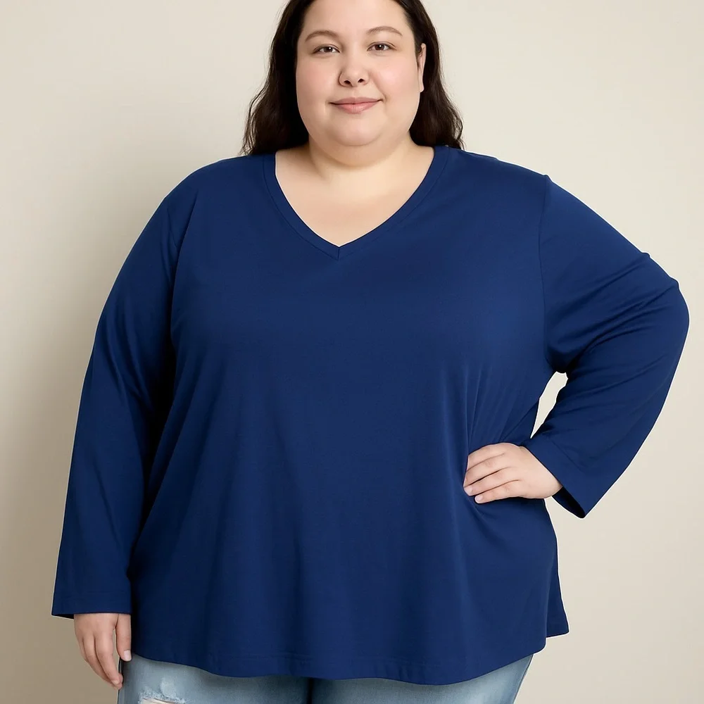 ⭐️LIZ CLAIBORNE  Womens Plus V Neck Long Sleeve T-Shirt‎ navy size 5X